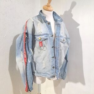 Se7en| Boyfriend Jeans Jacket Oversized Destroyed Zipper Color Gradient Cracks